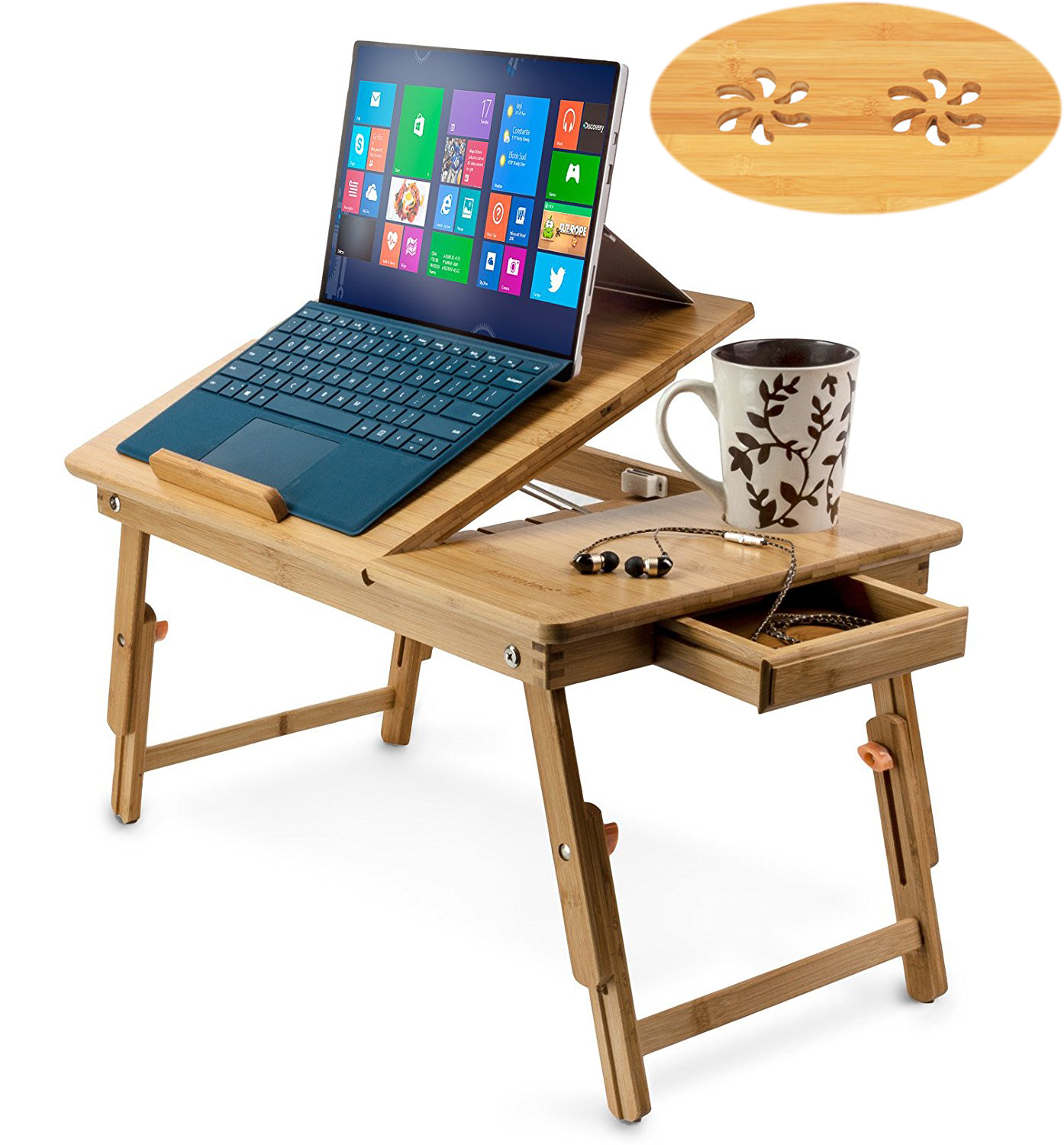 Bamboo Laptop Desk Adjustable Breakfast Serving Bed Tray with Tilting