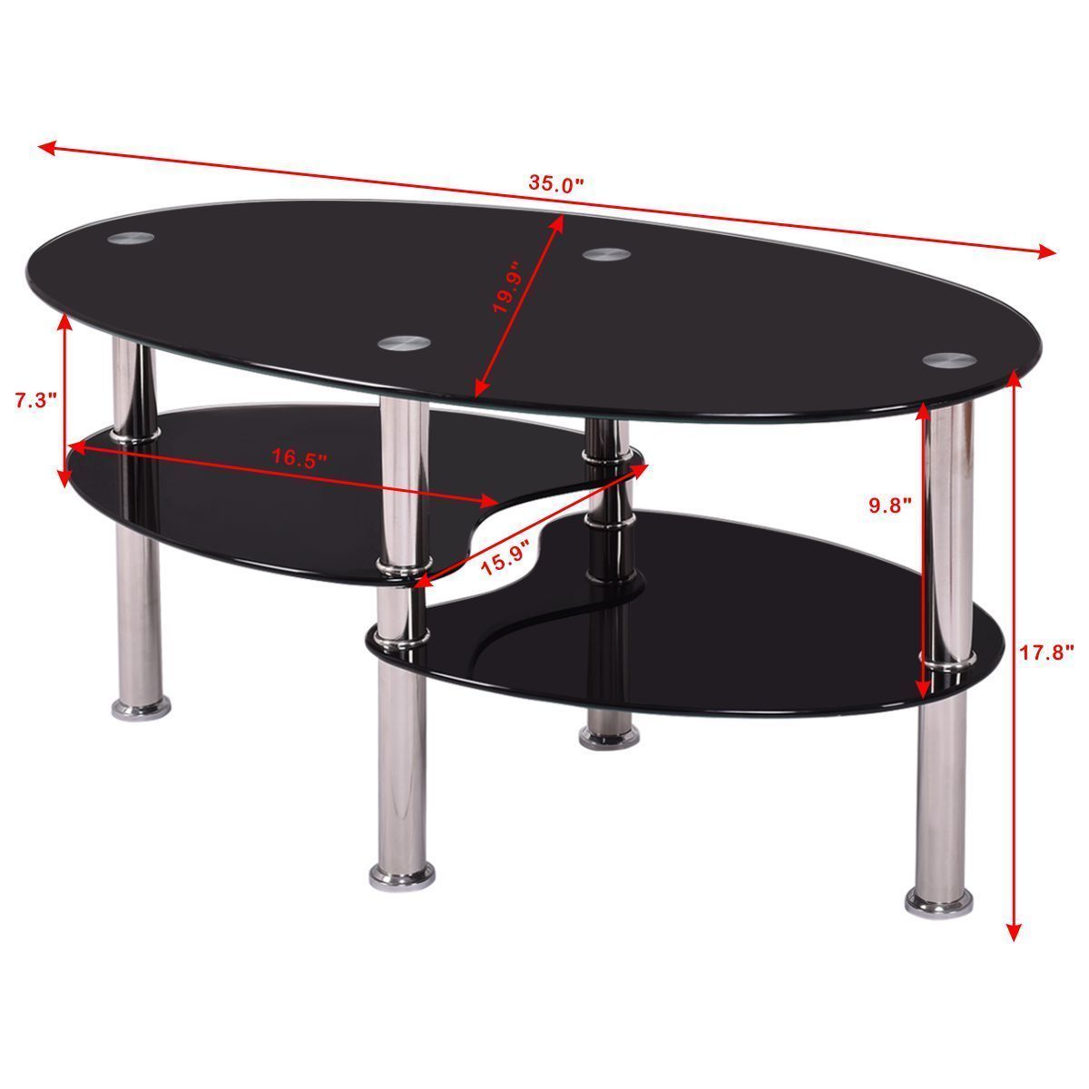 Tempered Clear Black Glass Oval Side Coffee Table Shelf