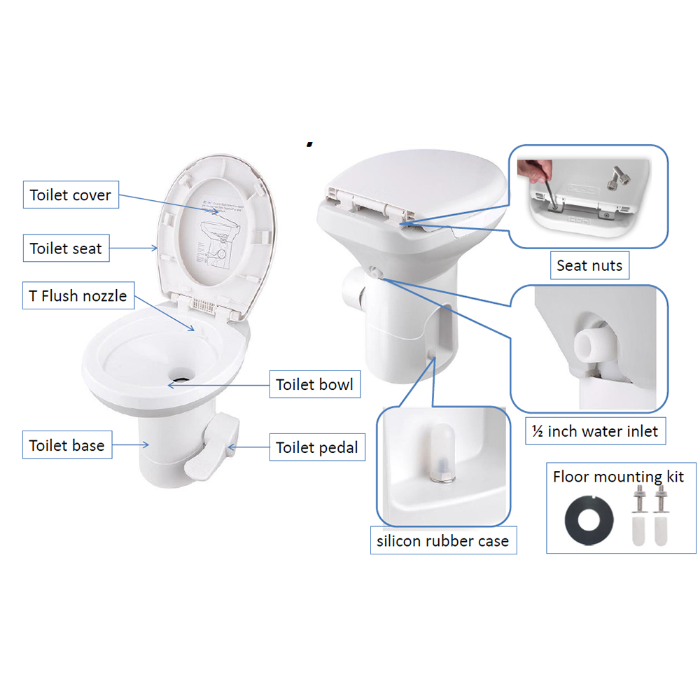 20" RV Camper Toilet Gravity Flush Toilet Foot Pedal Home Caravan